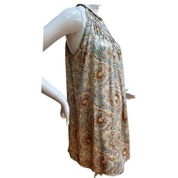 ZARA MINI DRESS TUNIC 100% SILK SMOCKED NECK HALTED PAISLEY ICONIC CHIC SZ M - Picture 3 of 16